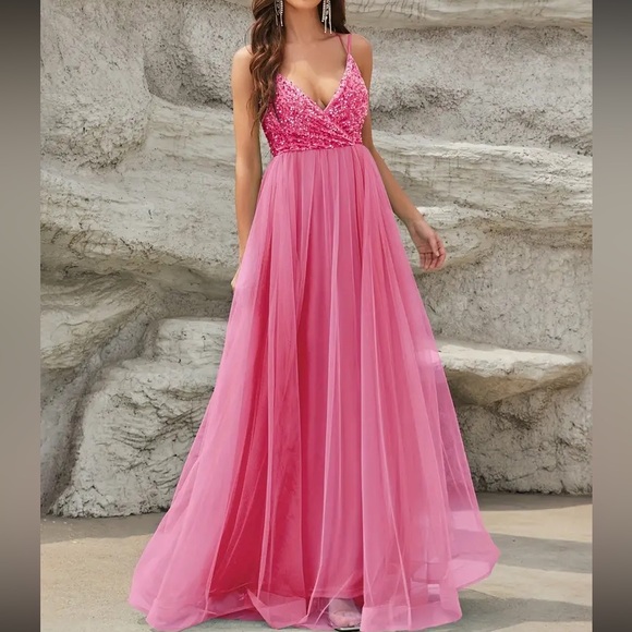 Luxe lace up back mesh sequins bodice party formal prom wedding gown dress - Picture 9 of 16